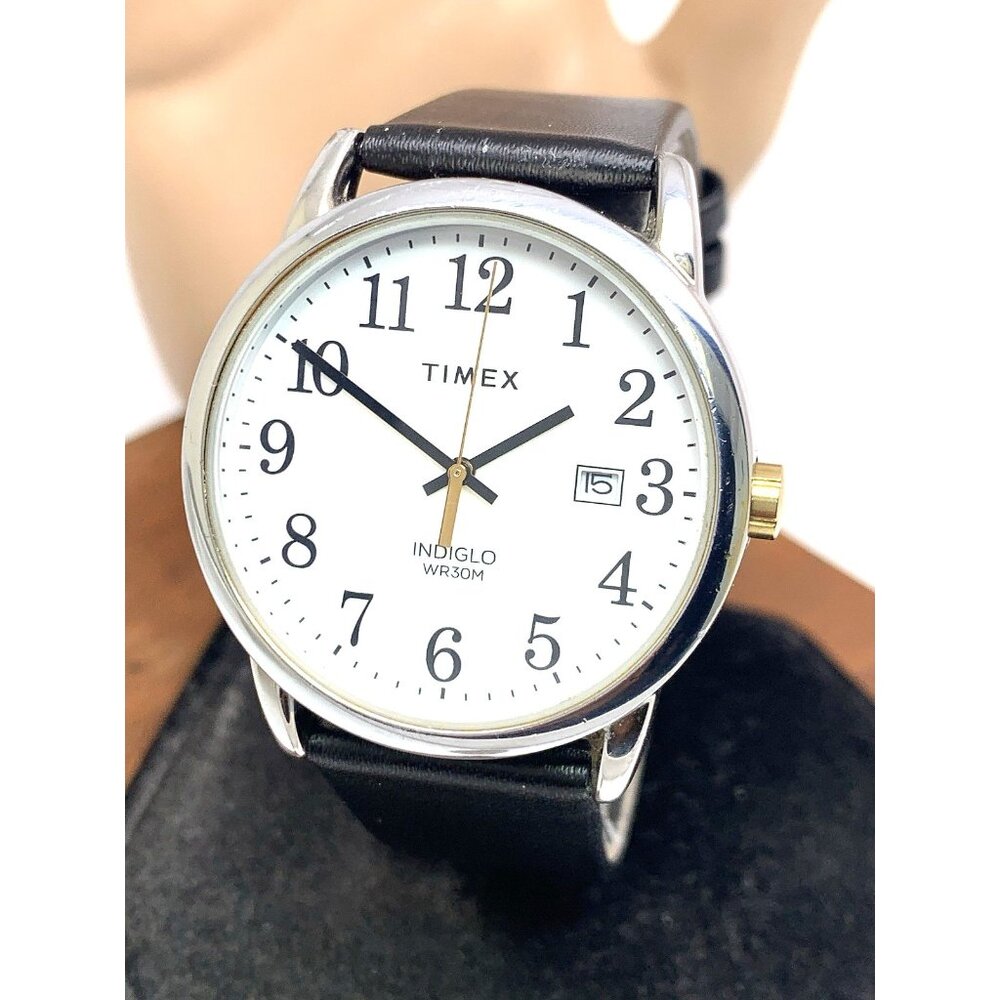 Timex Men's Watch TW2V40100 Quartz Indiglo White Dial Date Black Leather 38mm